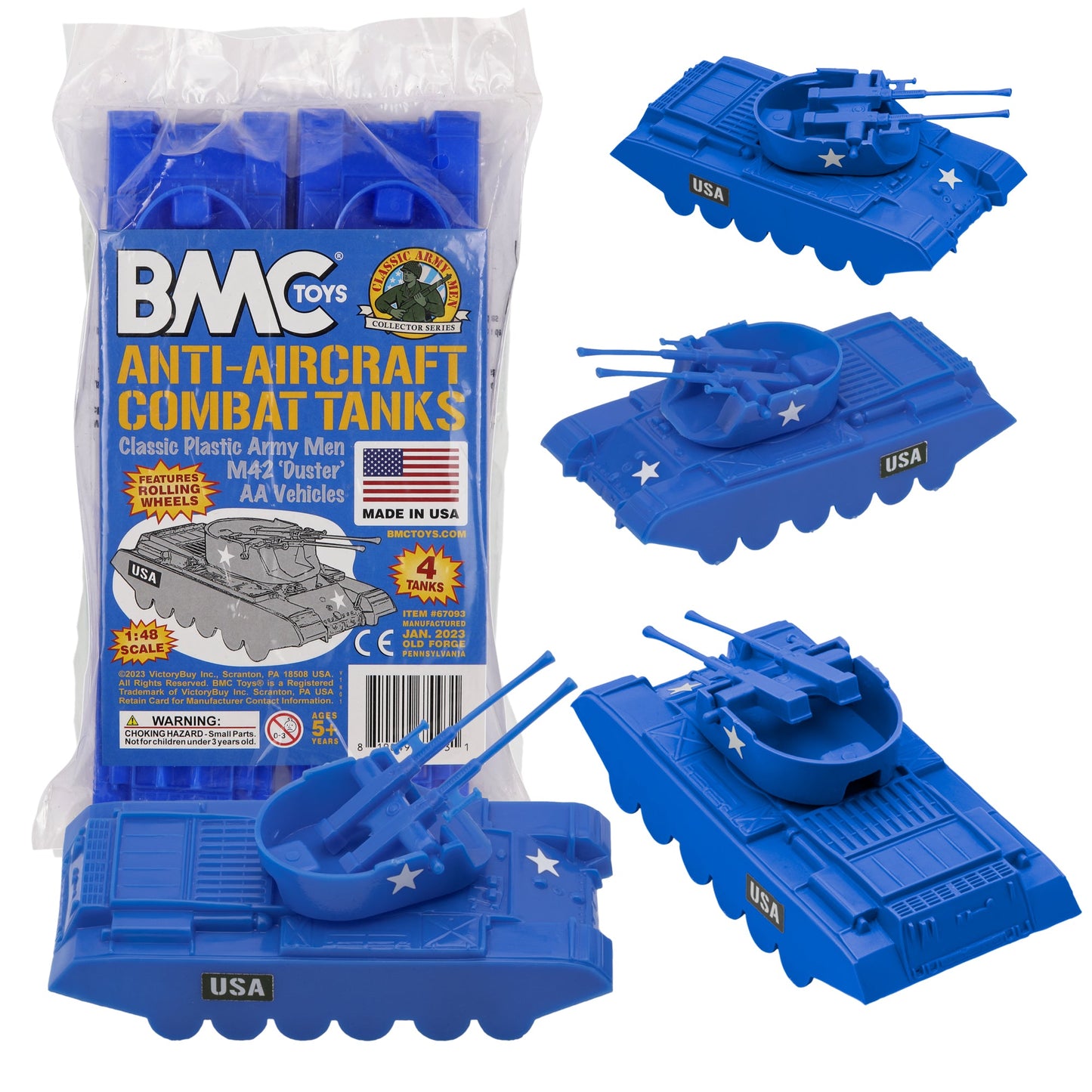 BMC Classic Payton Anti-Aircraft Tanks - 4pc Blue Plastic Army Men Vehicles