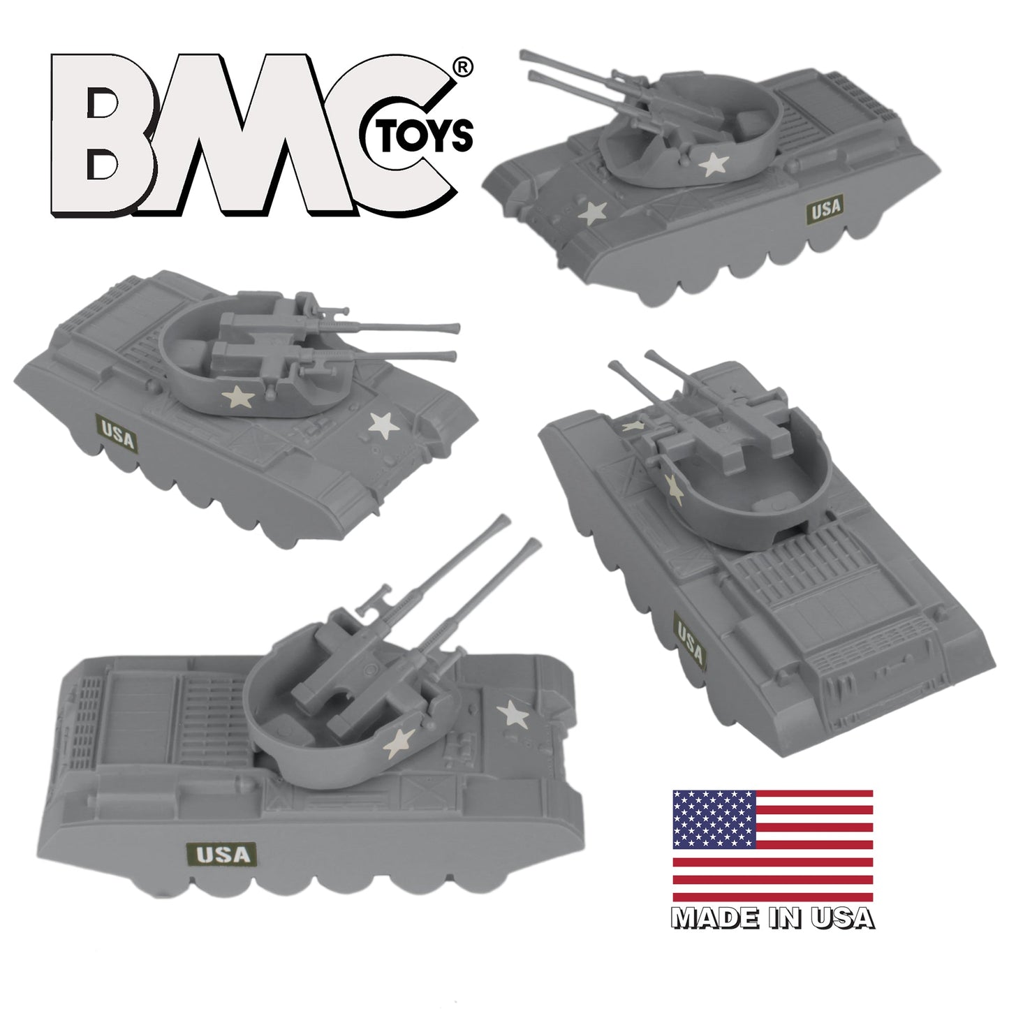 BMC Classic Payton Anti-Aircraft Tanks - 4pc Gray Plastic Army Men Vehicles