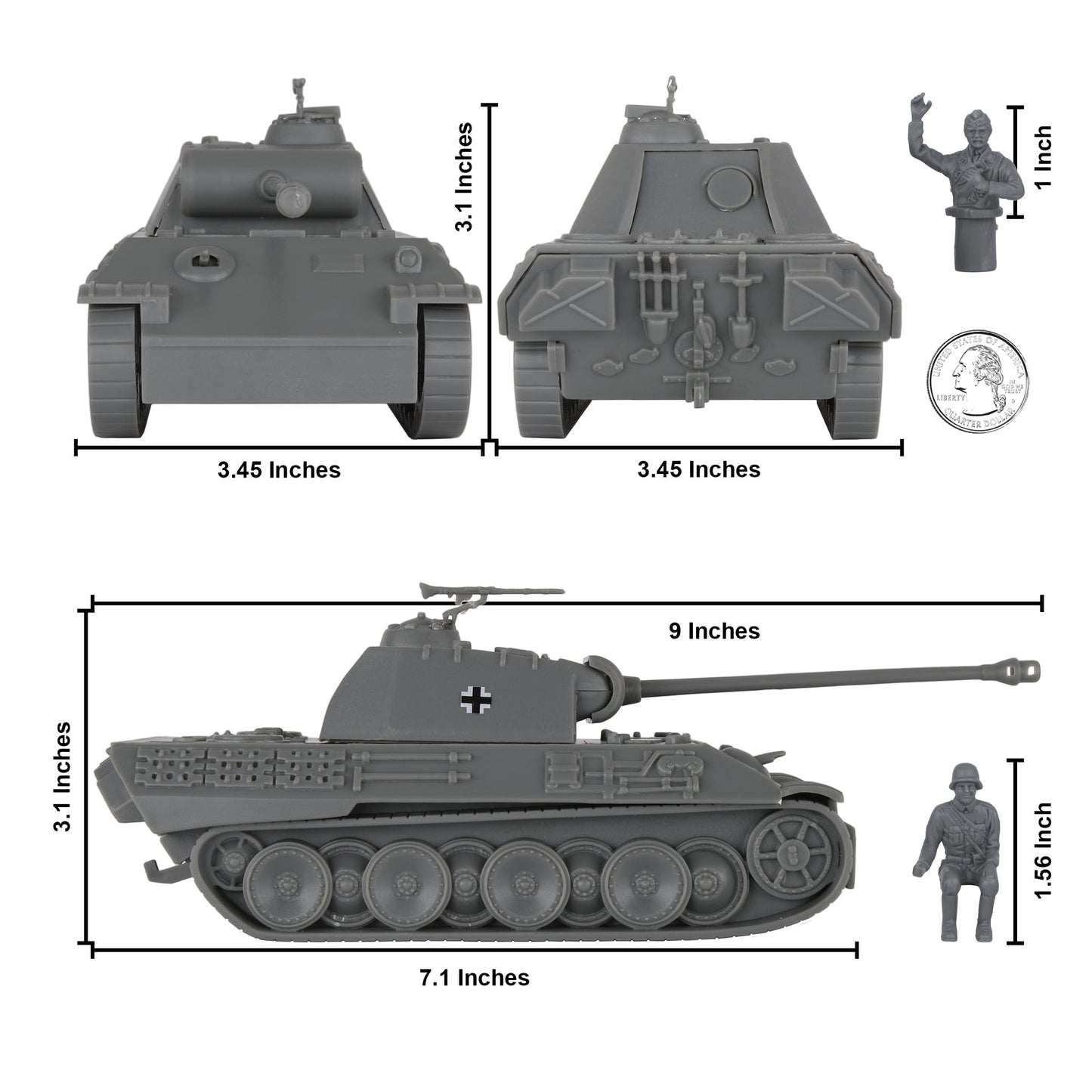 BMC CTS WW2 German Panther V Tank - Gray 1:38 Plastic Army Men Military Vehicle