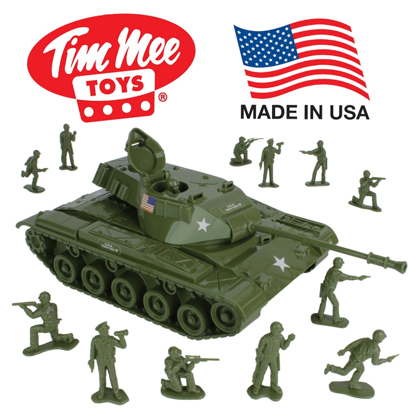 Tim Mee Toy Walker Bulldog TANK Playset- Olive Green 13pc - Made in USA