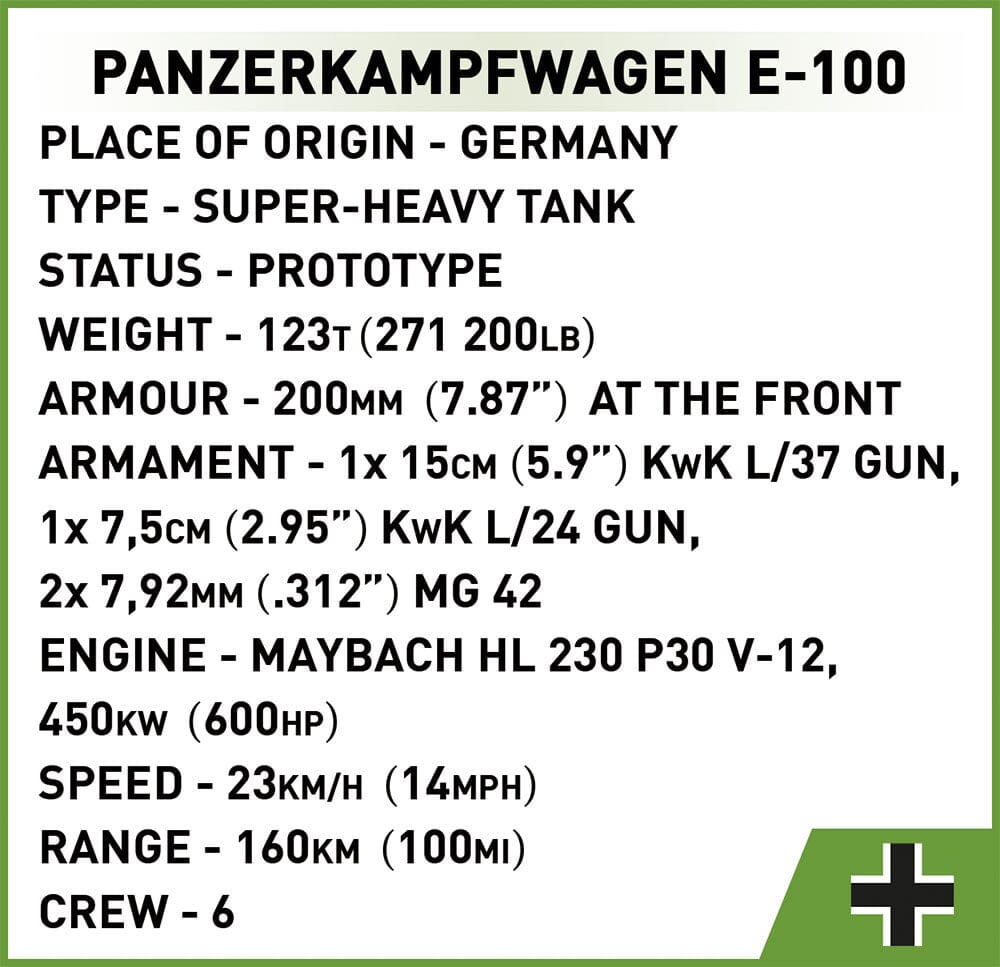 Panzerkampfwagen E-100 brick tank model - COBI 2572 - 1511 bricks