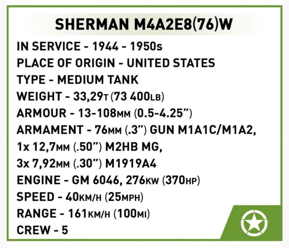 Sherman M4A3E8 (76)W brick tank model- COBI 3118 - 865 bricks