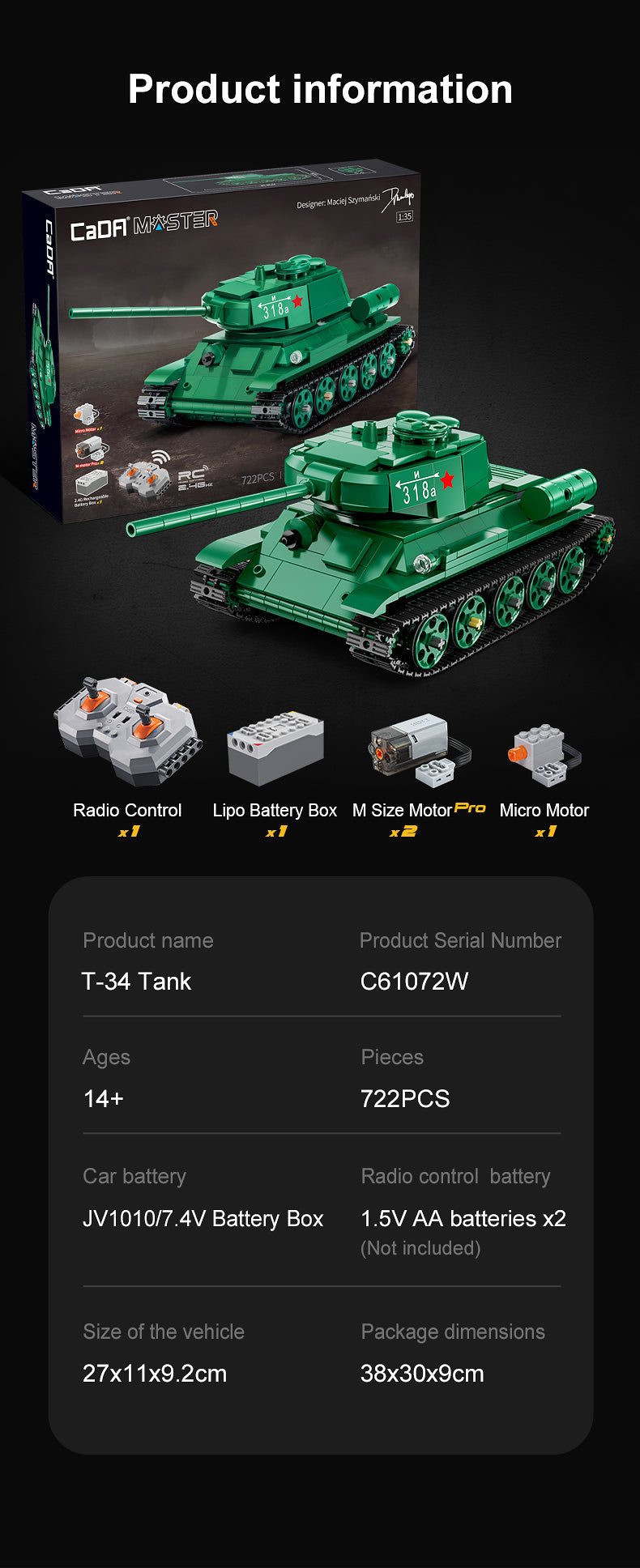 T34 Tank RC brick model kit - CADA C61072W - 722 bricks