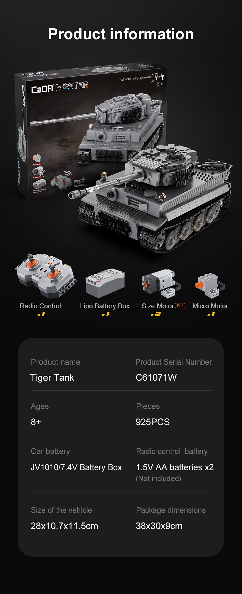 Tiger Tank RC brick model kit - CADA C61071W - 925 bricks