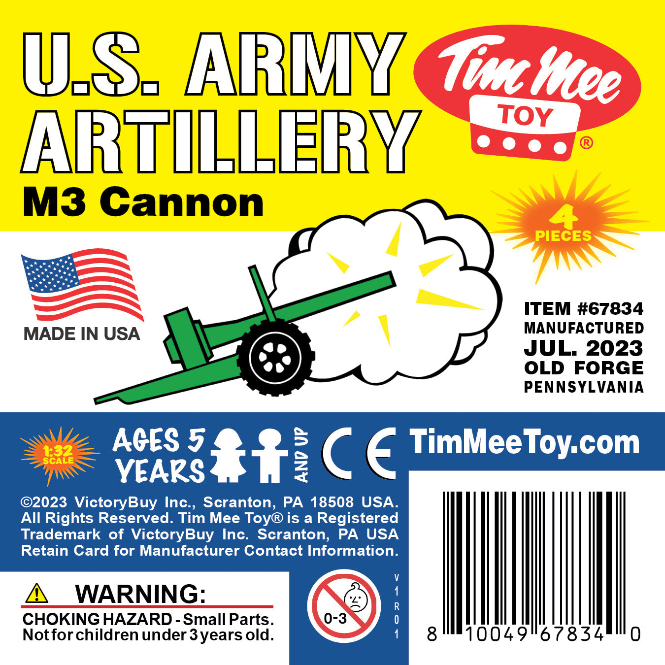 TimMee M3 ARTILLERY - Green 4pc Plastic Army Men Cannon Playset - Made in USA