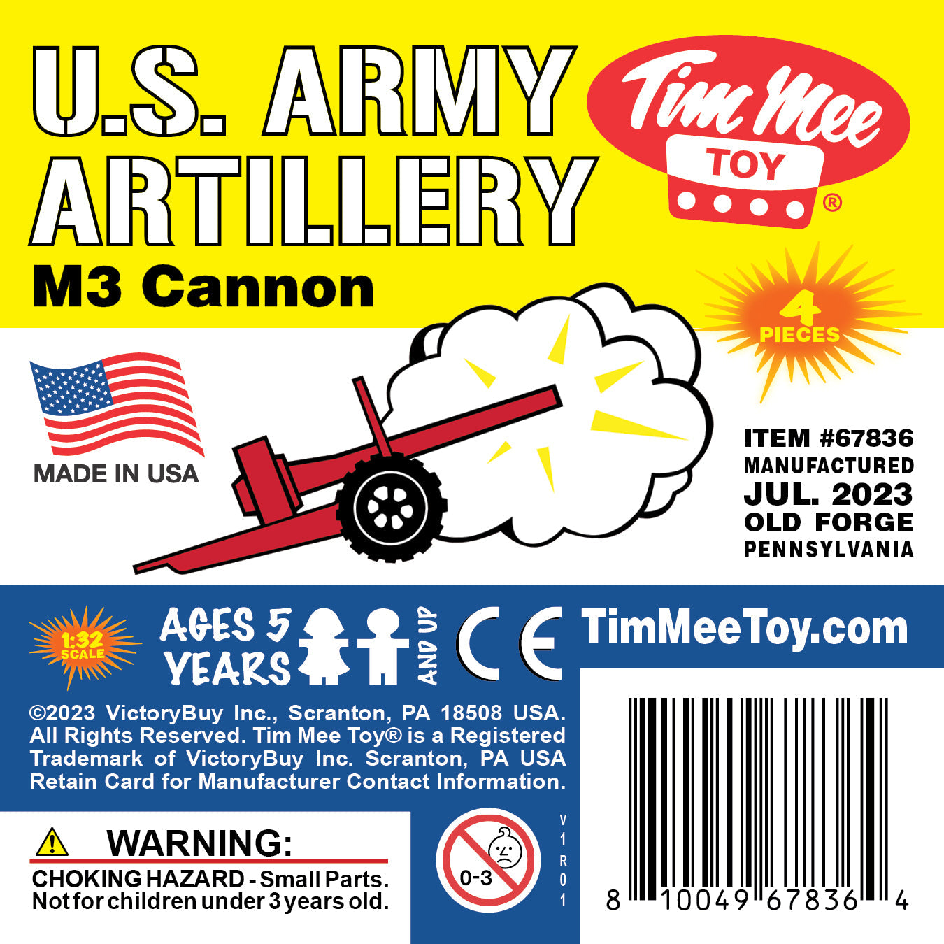 TimMee M3 ARTILLERY - Red 4pc Plastic Army Men Cannon Playset - Made in USA